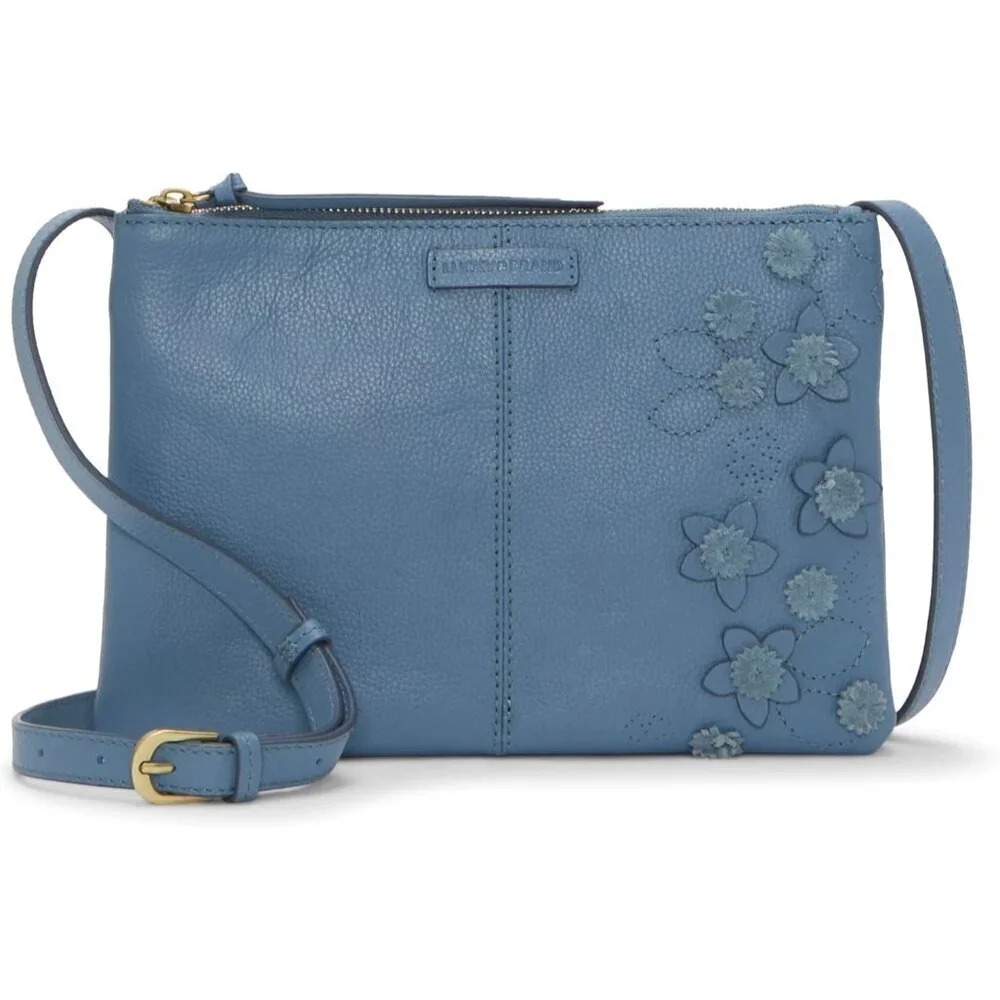 Leather Crossbody Bag Womens Zipper Closure Floral Accent Compact